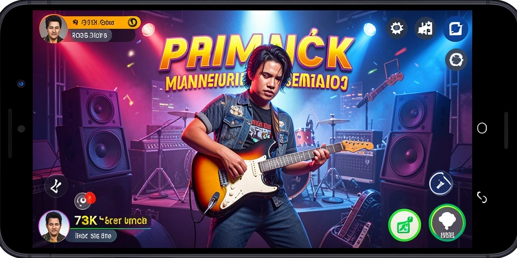 Tangkapan layar gameplay 73K menampilkan berbagai fitur musik menarik.