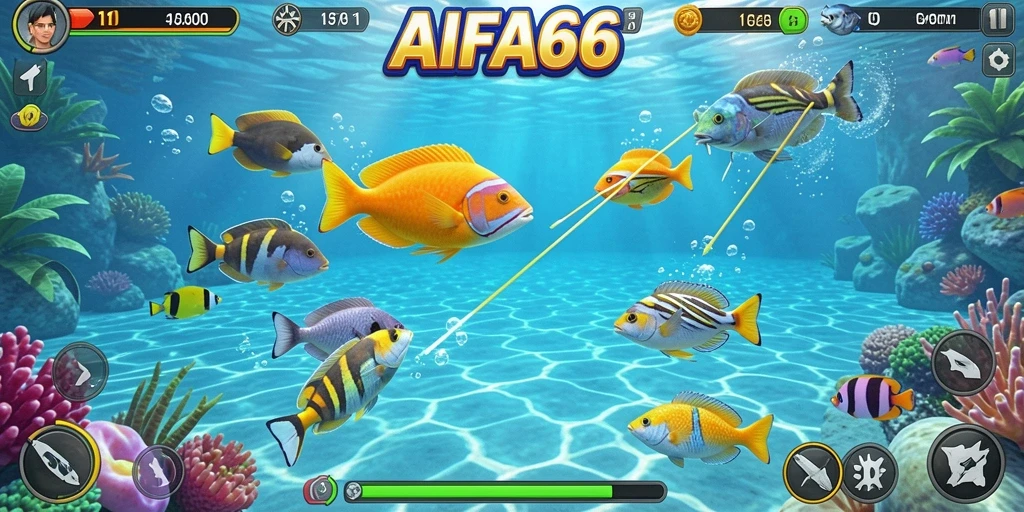 Gameplay seru AIFA66 dengan karakter ikan yang berwarna-warni.