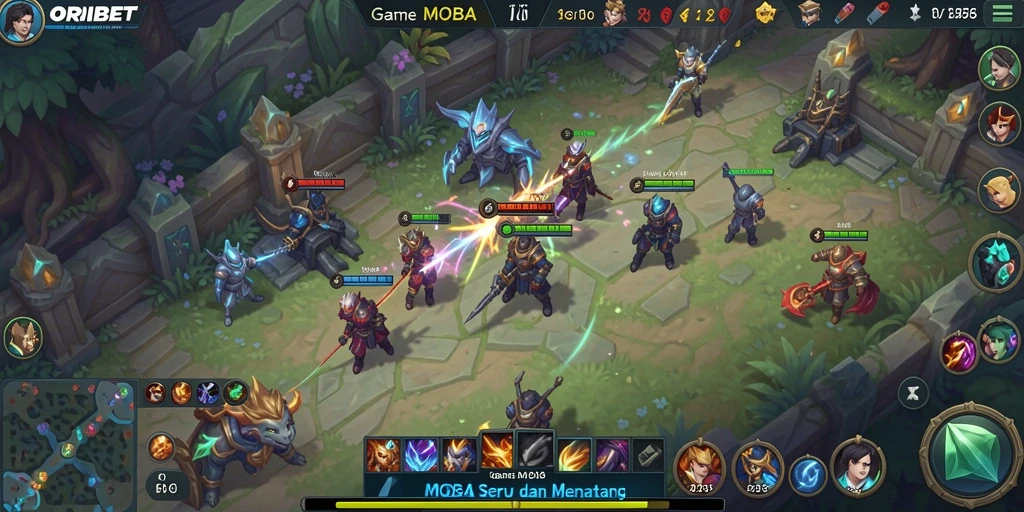 Tangkapan layar utama gameplay <strong>ORIBET</strong> yang menampilkan pertempuran seru dalam arena MOBA.
