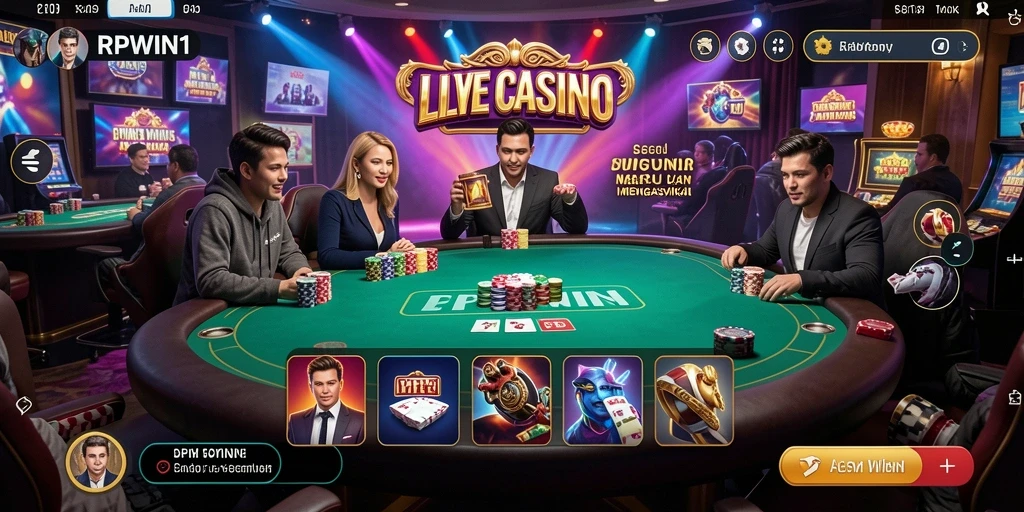 Tampilan gameplay RPWIN1 menampilkan dealer langsung dan meja permainan.